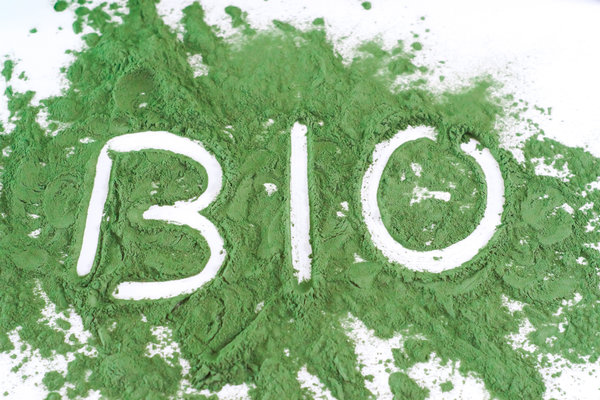 "Bio" als Schriftzug auf Gerstengras Pulver geschrieben