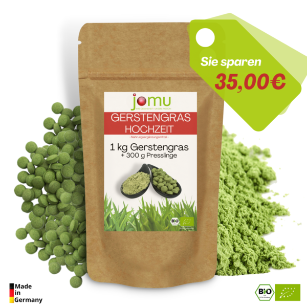 Grüne Stärke "Kombi-Paket" -  jomu® Bio Gerstengras Pulver 1kg + Presslinge 300g