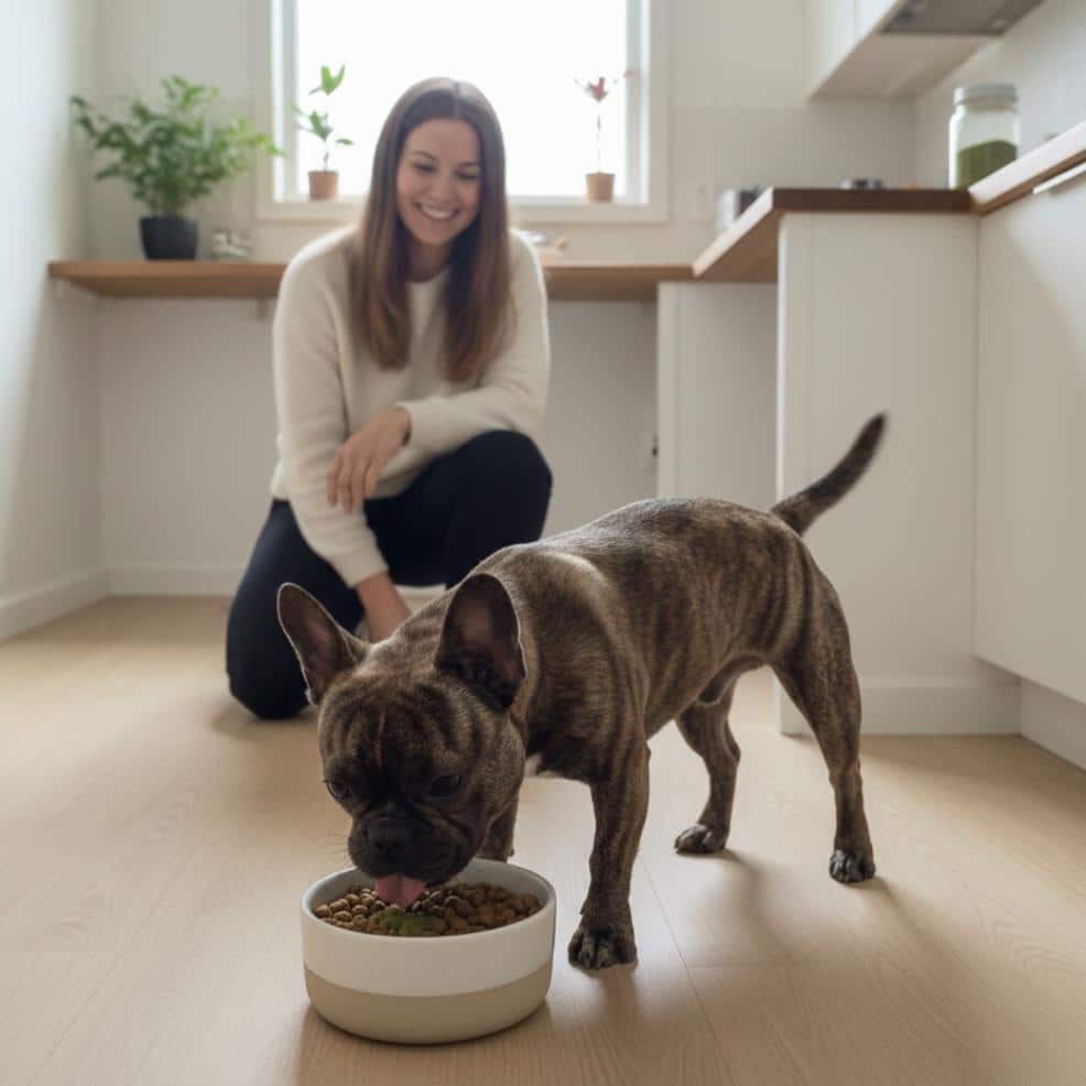 Ein Mops frisst aus einem Napf, während eine Frau hinter ihm kniet.