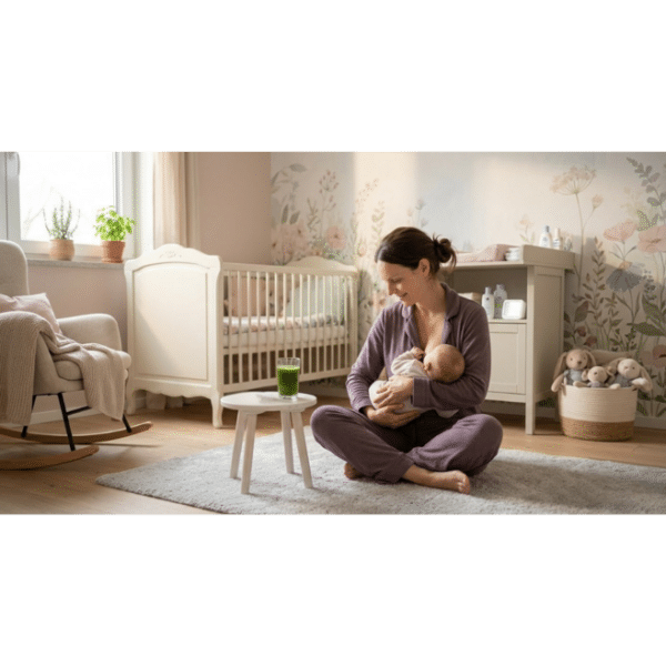 gerstengras-stillzeit-mutter-baby-kinderzimmer Mutter hält ihr Baby im Kinderzimmer mit einem Glas Gerstengrassaft auf dem Beistelltisch