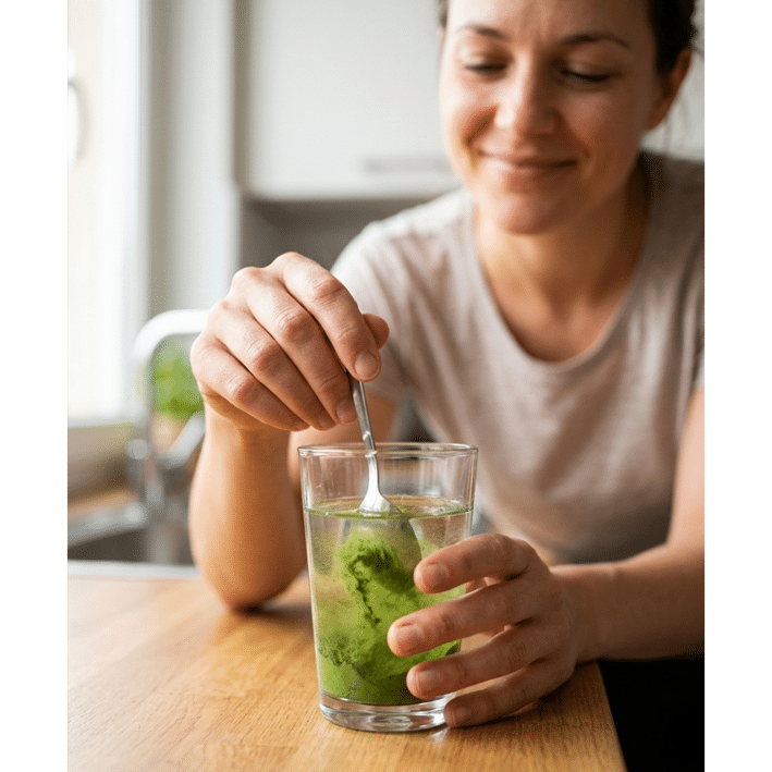 gerstengraspulver-in-wasser-aufloesen-anwendung Frau löst Gerstengraspulver mit einem Löffel in einem Glas Wasser auf – Anwendung und Dosierung bei Sodbrennen