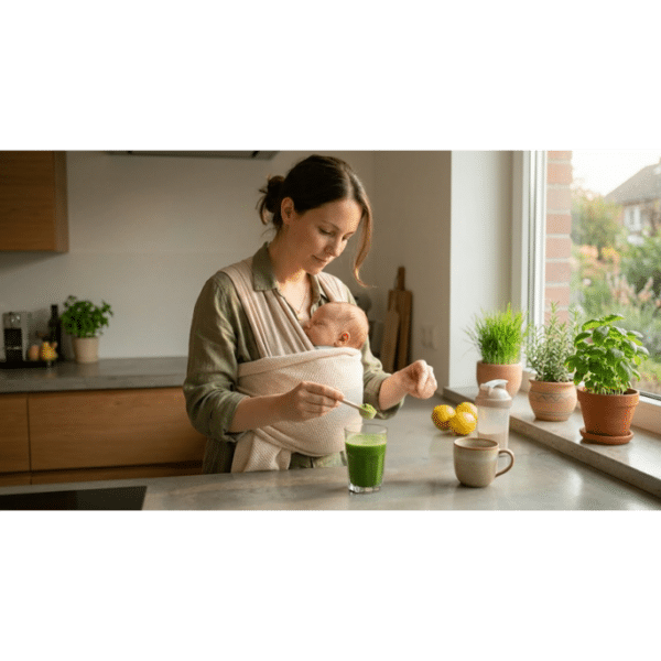 gerstengraspulver-zubereitung-stillzeit-mutter-baby-tragetuch Mutter rührt Gerstengraspulver in ein Glas während ihr Baby im Tragetuch schläft